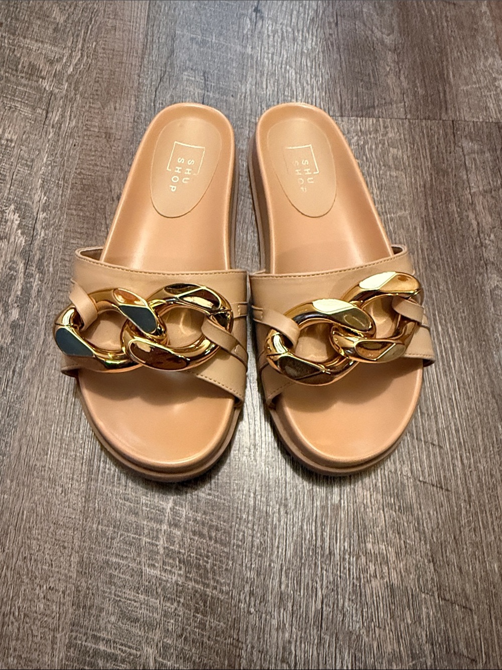 ShuShop Nude-Tan Slide Sandals with Gold Chain